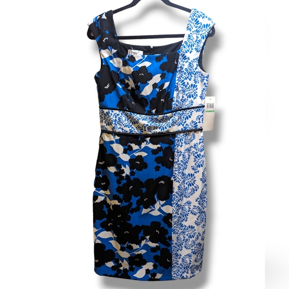 Maggy London Blue Black White Floral Sleeveless Sheath Knee Length Dress- 8/M - Picture 3 of 11